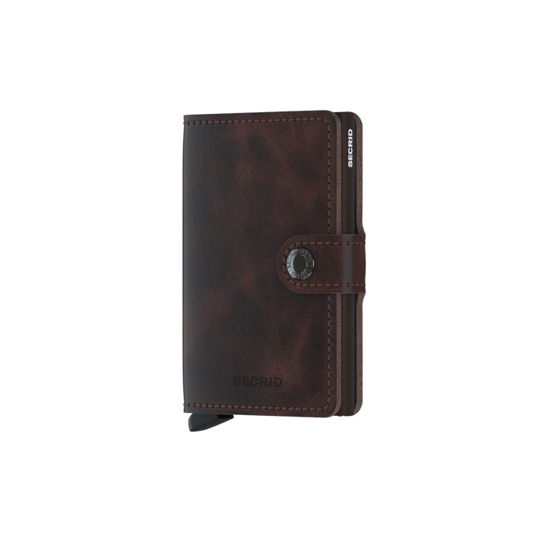 Secrid portafogli compatto in alluminio e pelle "Miniwallet Vintage" Marrone MV.CHOCOLATE