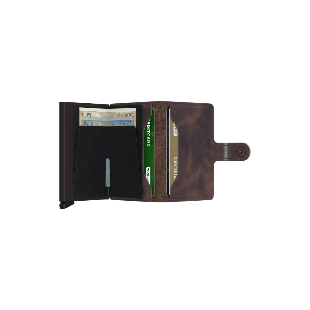 Secrid portafogli compatto in alluminio e pelle "Miniwallet Vintage" Marrone MV.CHOCOLATE