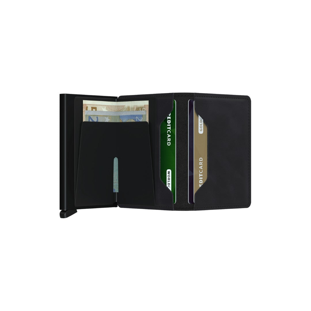 Secrid portafogli compatto in alluminio e pelle "Slimwallet Vintage" Nero SV.BLACK