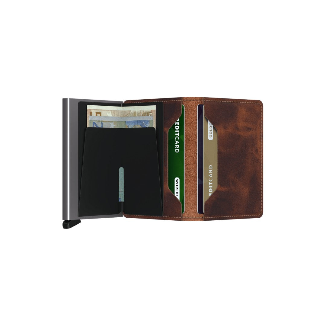 Secrid portafogli compatto in alluminio e pelle "Slimwallet Vintage" Marrone SV.BROWN