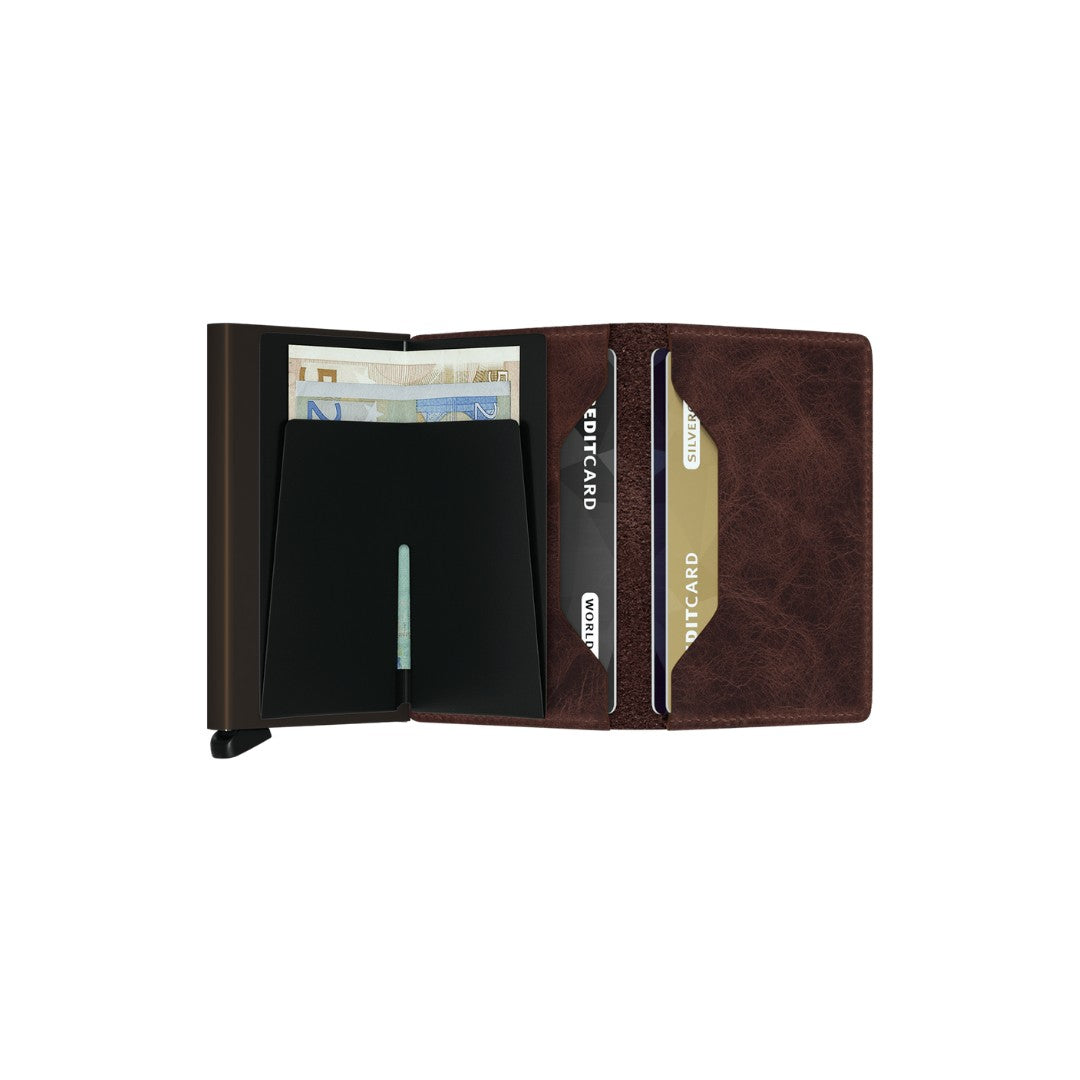 Secrid portafogli compatto in alluminio e pelle "Slimwallet Vintage" Marrone SV.CHOCOLATE
