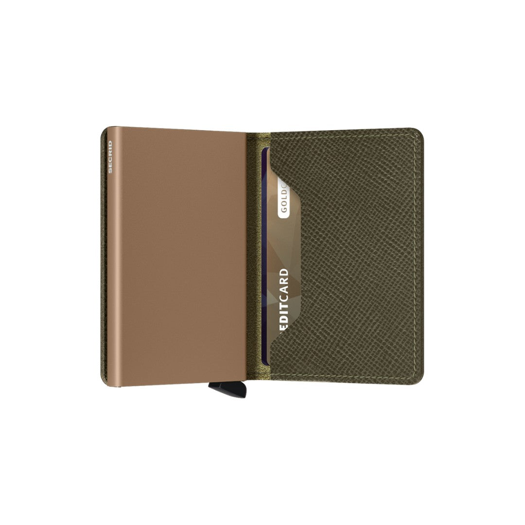 Secrid portafogli compatto in alluminio e pelle "Slimwallet Saffiano" Verde SSA.OLIVE
