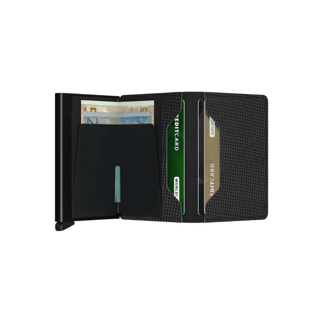 Secrid portafogli compatto in alluminio e pelle "Slimwallet Carbon Cool" Nero SCA.BLACK