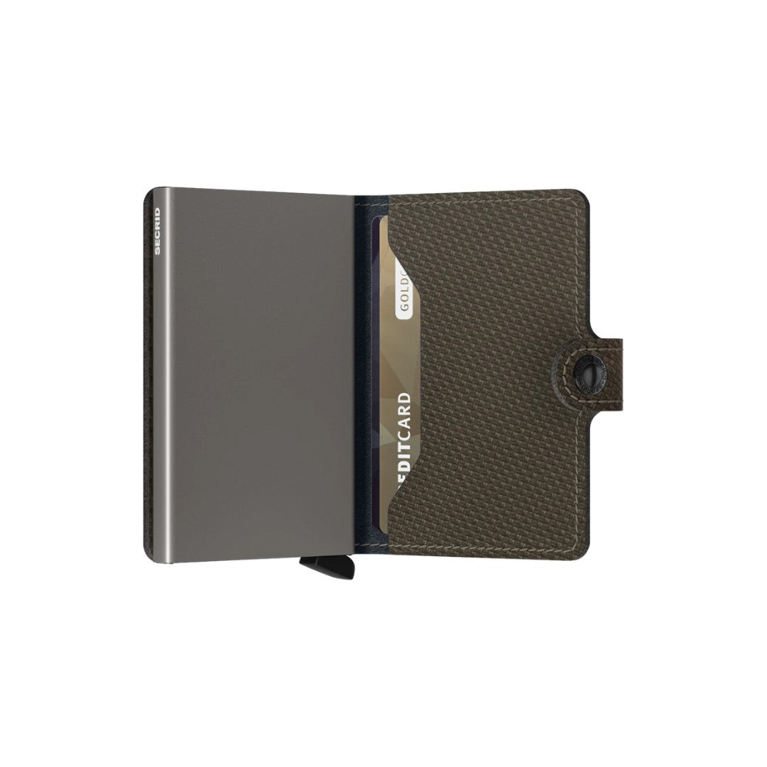Secrid portafogli compatto in alluminio e pelle "Miniwallet Carbon" Verde MCA.KHAKI