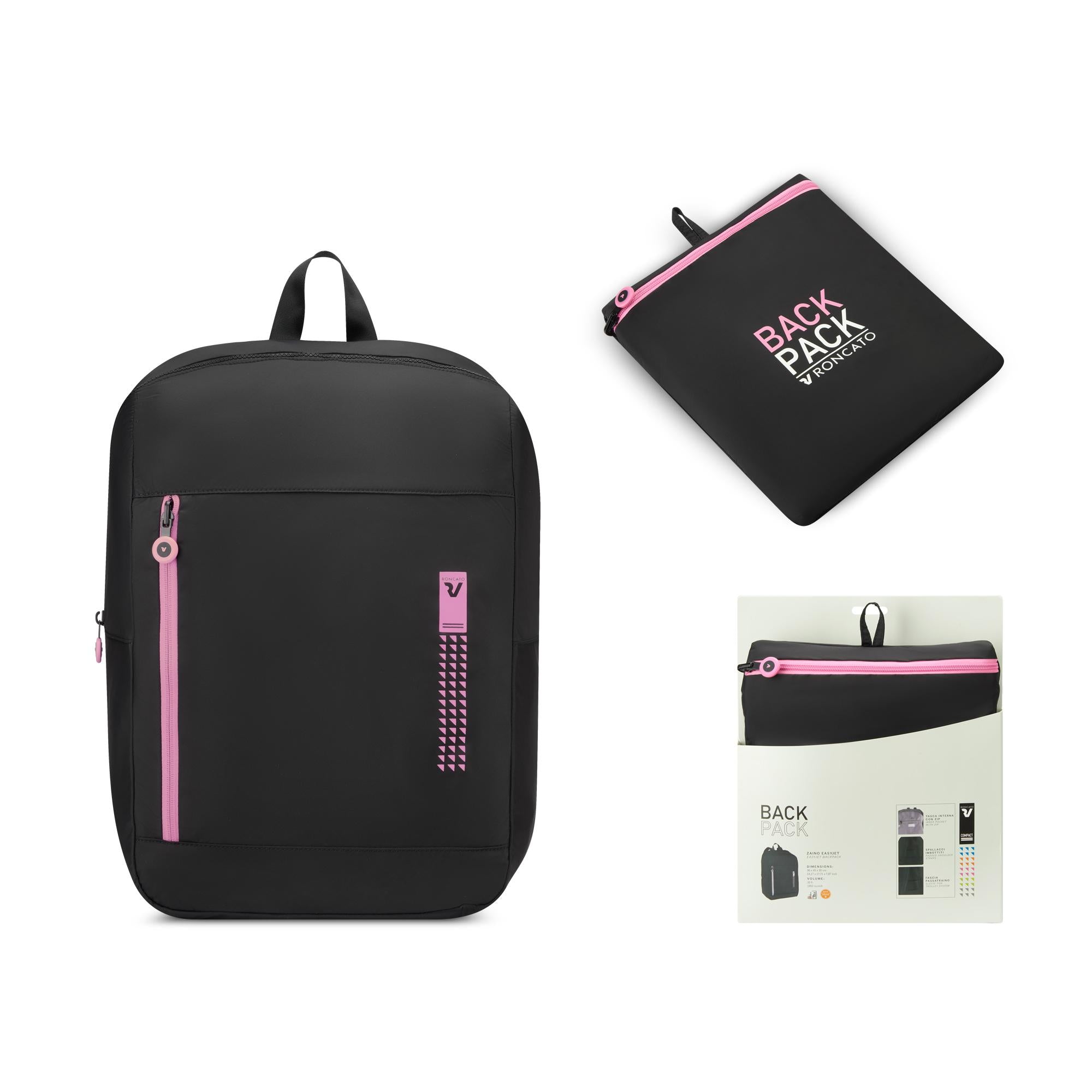 Roncato zaino richiudibile in tessuto "Neon Compact" Nero 412012.61 PINK