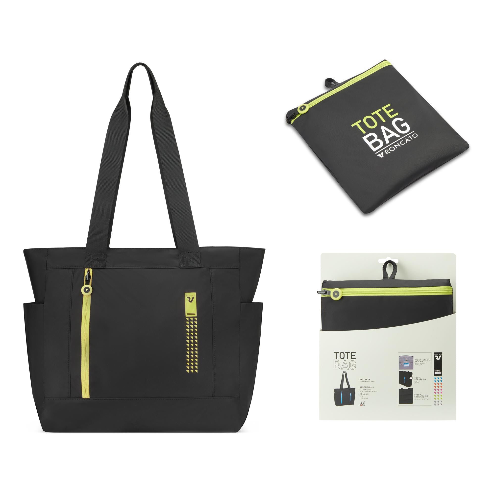 Roncato borsa shopper richiudibile in tessuto "Neon Compact" Nero 412013.77 CYBER LIME
