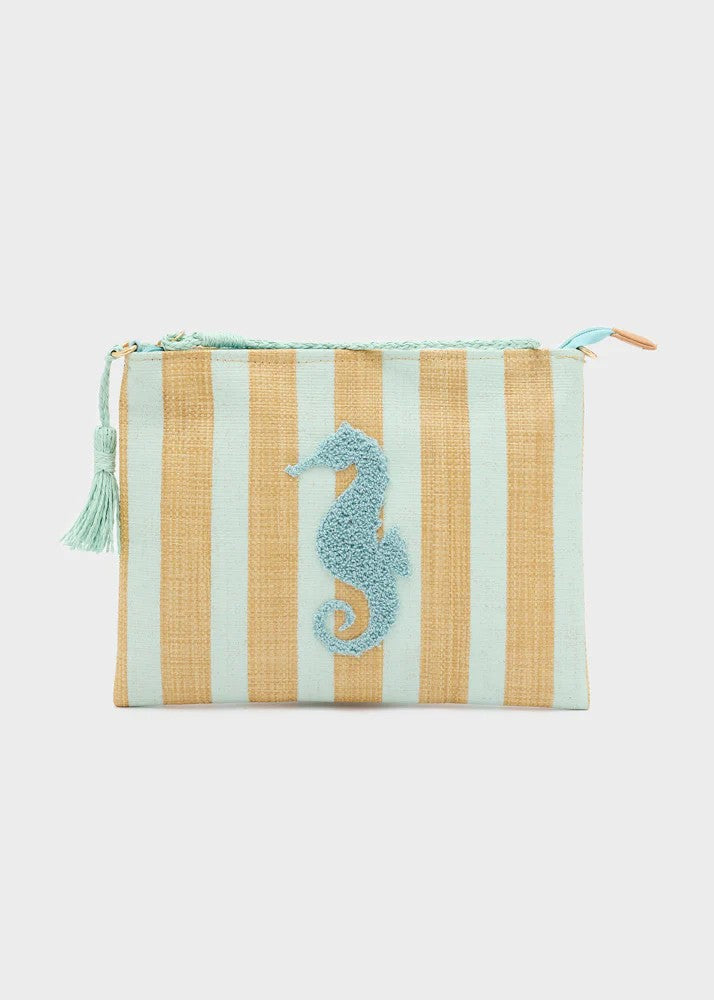 Nalì pochette in tessuto e rafia "Stripes" Verde acqua QIPC0168.VERDE
