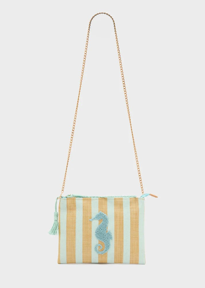 Nalì pochette in tessuto e rafia "Stripes" Verde acqua QIPC0168.VERDE