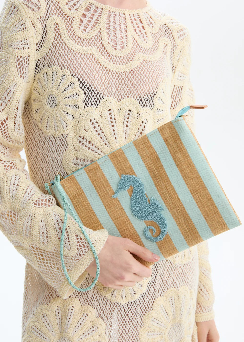 Nalì pochette in tessuto e rafia "Stripes" Verde acqua QIPC0168.VERDE