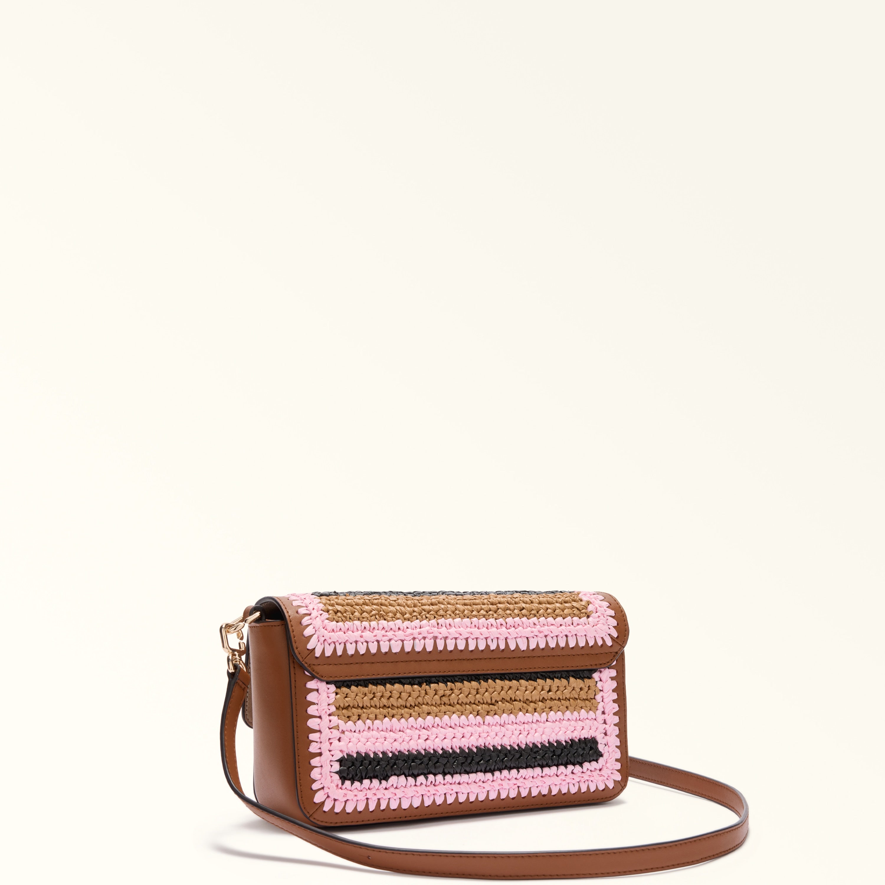 Furla borsa a tracolla in pelle e rafia "Iride Crochet" Multicolor WB01826.TCO00 TONI COGNAC