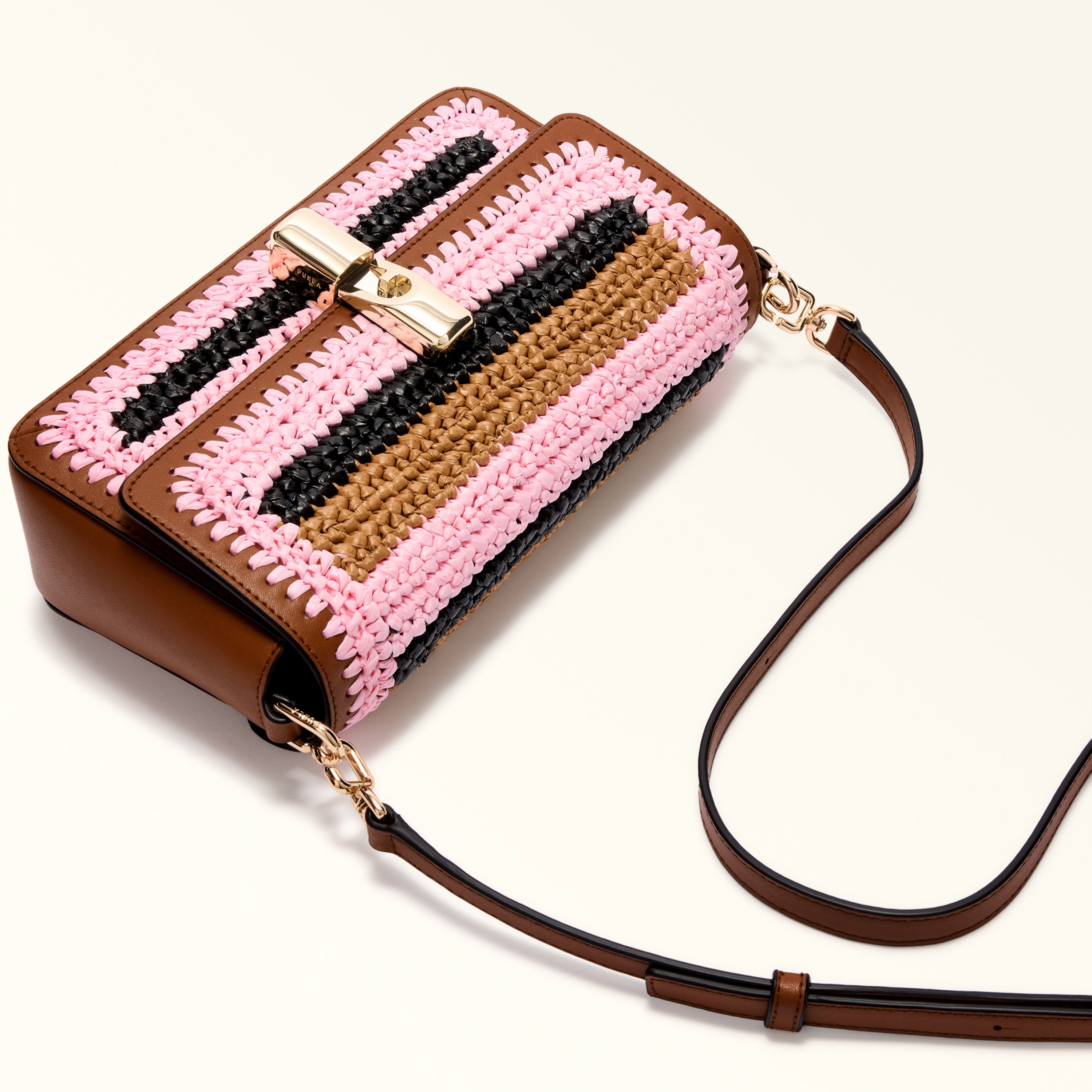 Furla borsa a tracolla in pelle e rafia "Iride Crochet" Multicolor WB01826.TCO00 TONI COGNAC