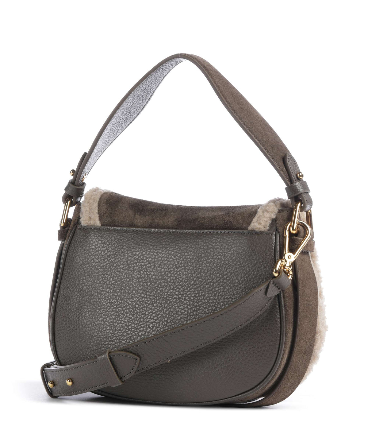 Coccinelle borsa a mano in camoscio ed ecopelliccia "Mavery Suede Ecofur" Verde E1V7J180201.509 FANGO-TAUPE