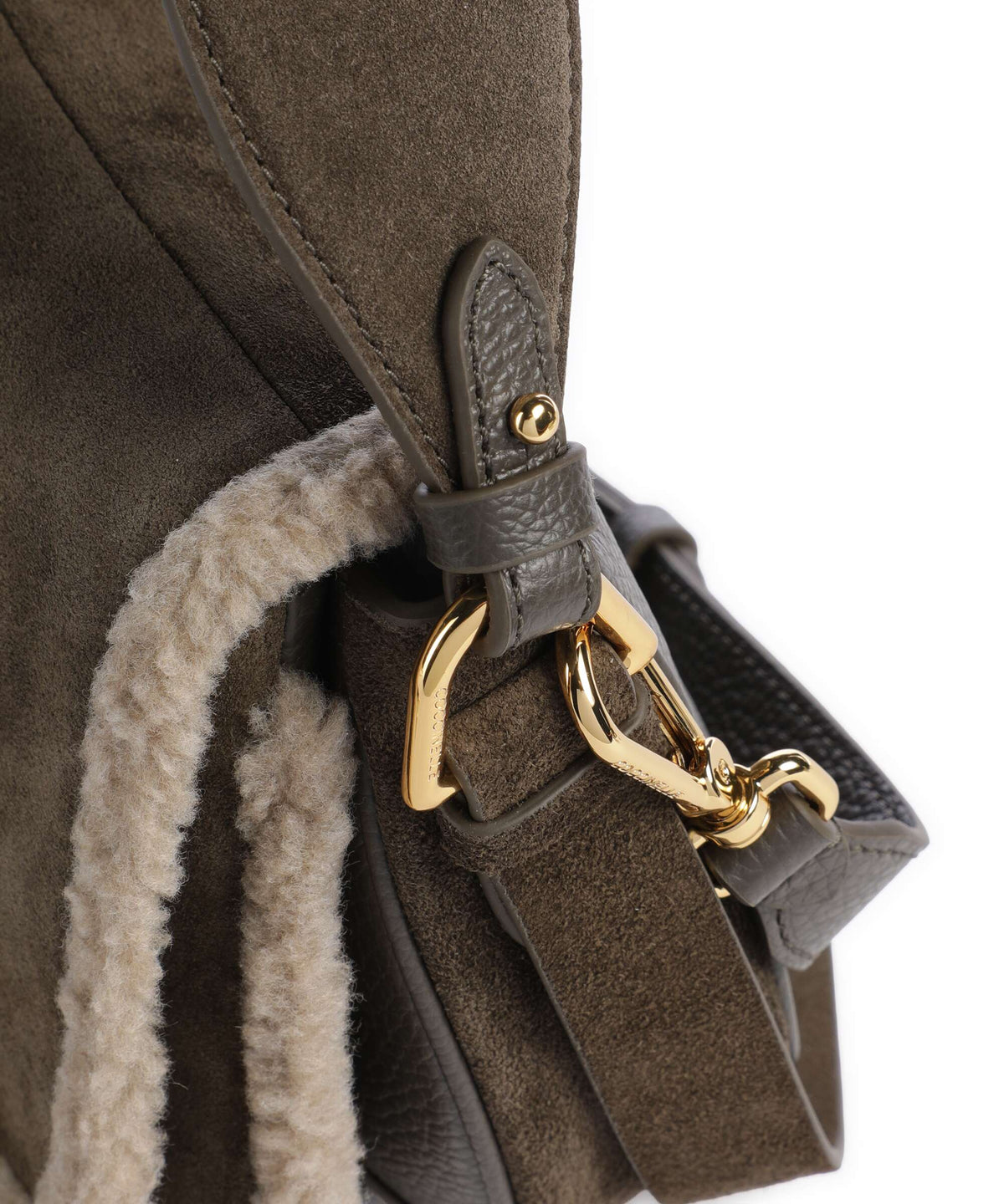 Coccinelle borsa a mano in camoscio ed ecopelliccia "Mavery Suede Ecofur" Verde E1V7J180201.509 FANGO-TAUPE