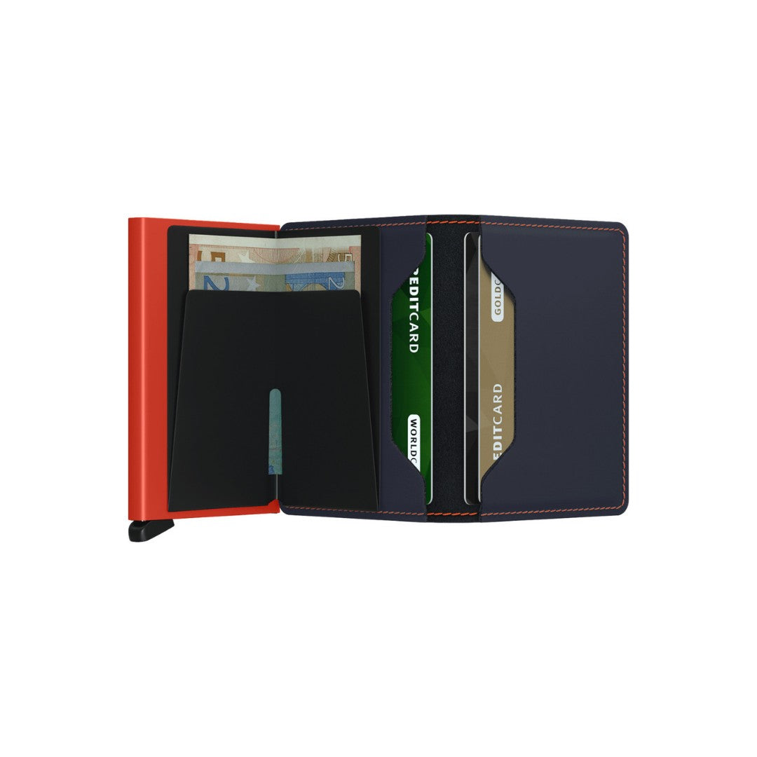 Secrid portafogli compatto in alluminio e pelle "Slimwallet Matte" Blu SM.NIGHTBLUE & ORANGE