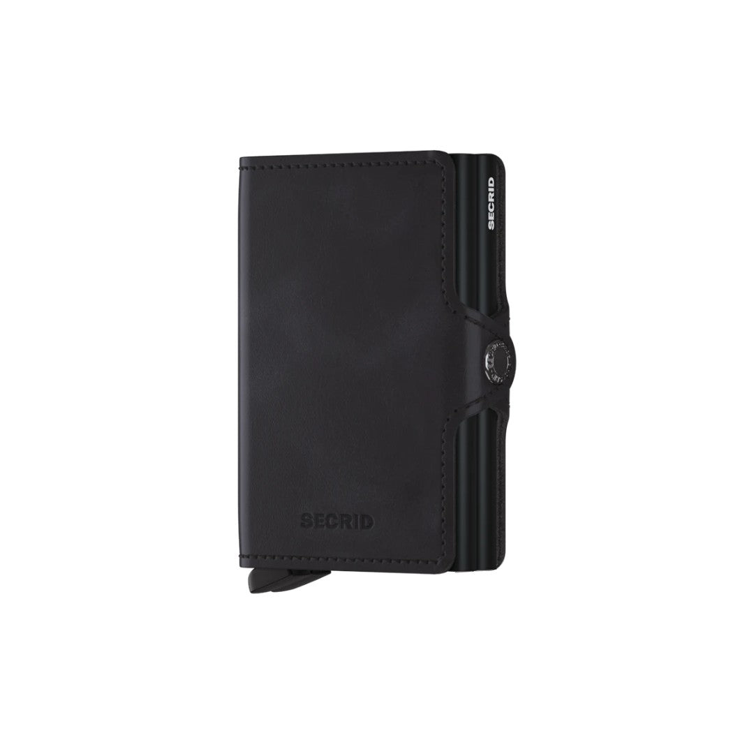 Secrid portafogli compatto in alluminio e pelle "Twinwallet Vintage" Nero TV.BLACK