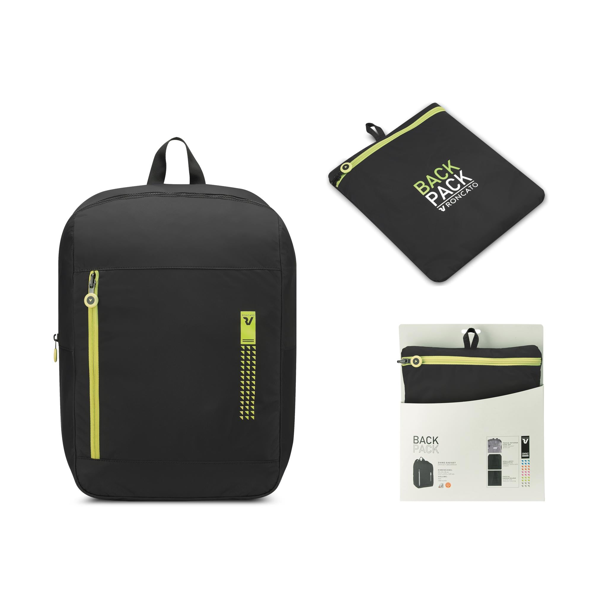Roncato zaino richiudibile in tessuto "Neon Compact" Nero 412012.77 CYBER LIME