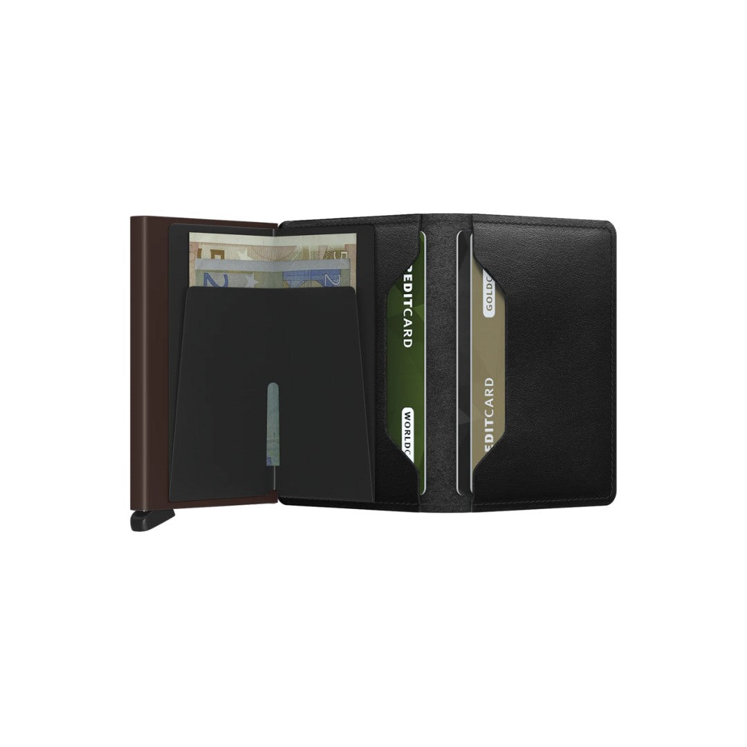 Secrid portafogli compatto in alluminio e pelle "Slimwallet Original" Nero SO.BLACK-BROWN