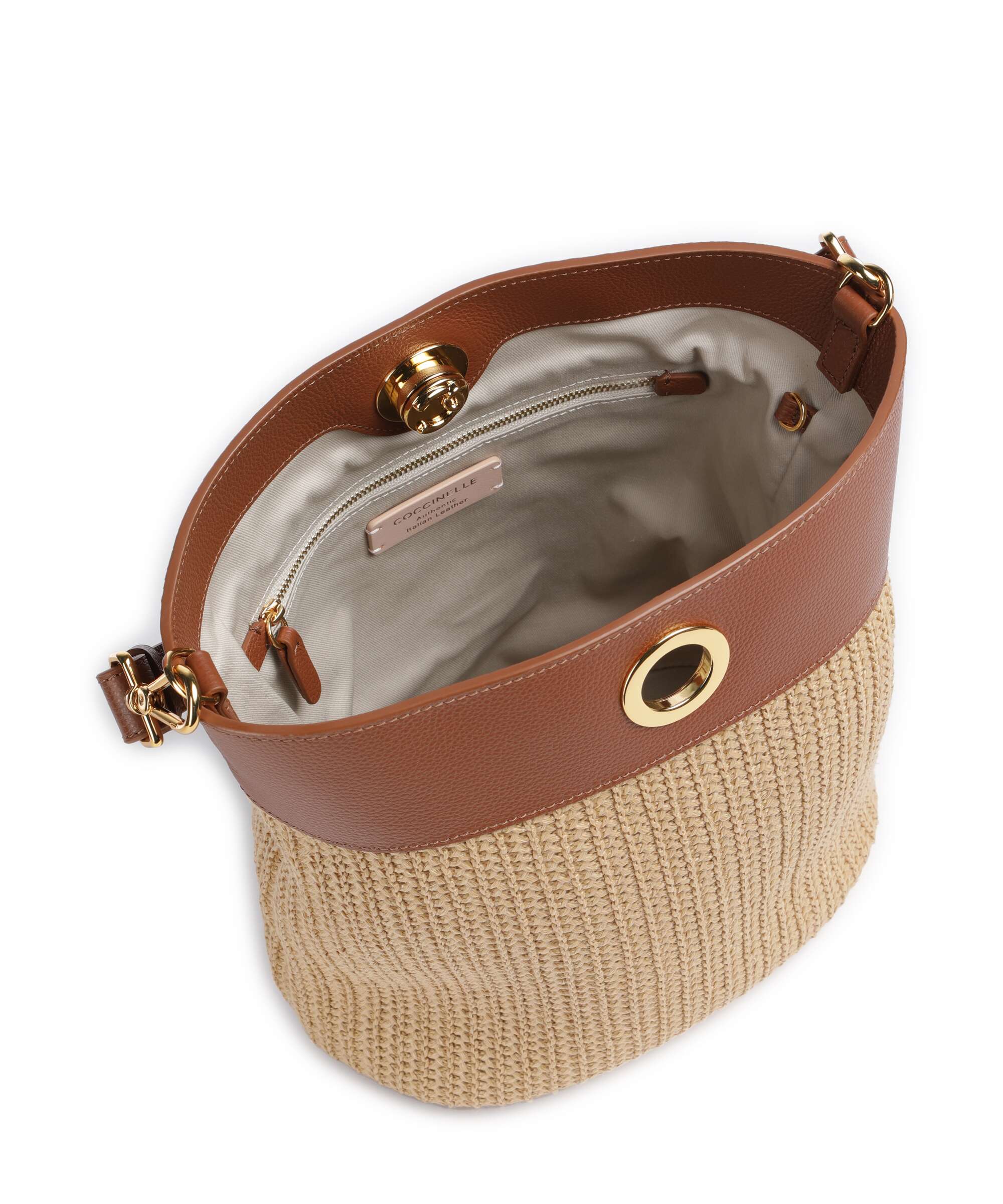 Coccinelle borsa secchiello in rafia e pelle "Nikla Straw" Cuoio E1UA0230101.675 NATURAL/COGNAC