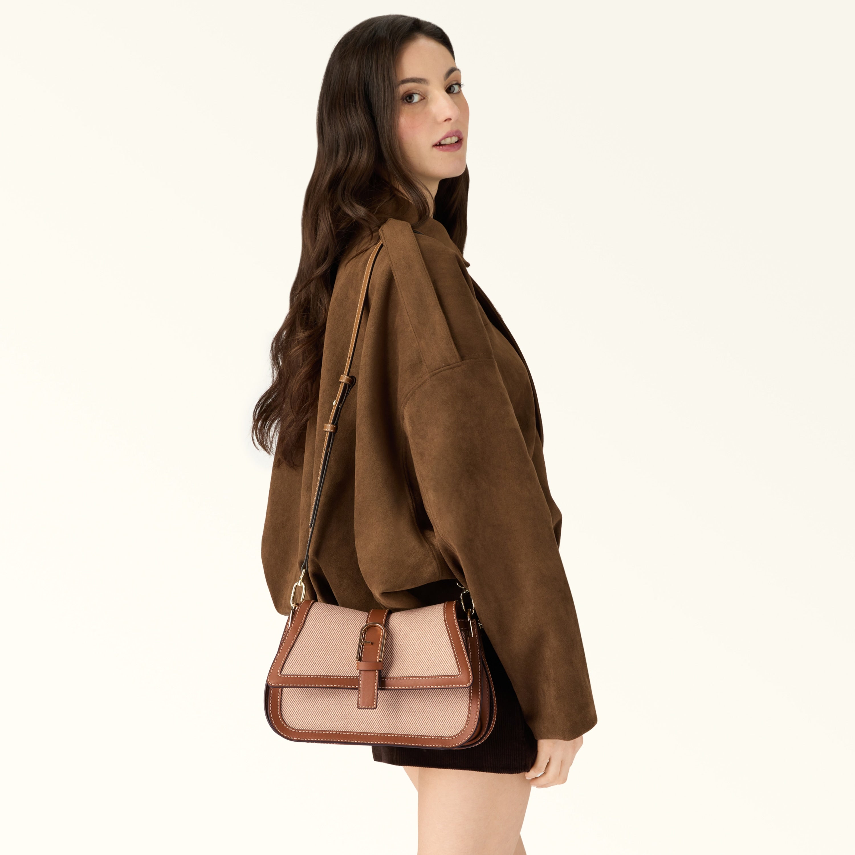Furla borsa a spalla in tessuto e pelle "Flow" Multicolor WB02042.TCO00 TONI COGNAC