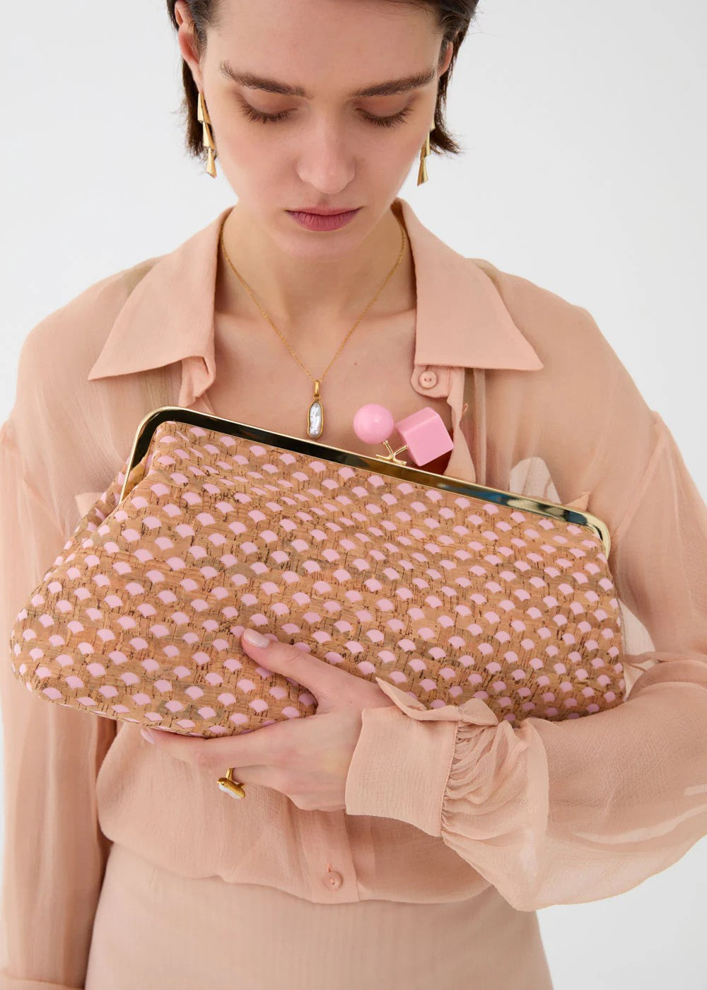Nalì pochette in sughero e tessuto "Nadia" Rosa LYPC0048.ROSA