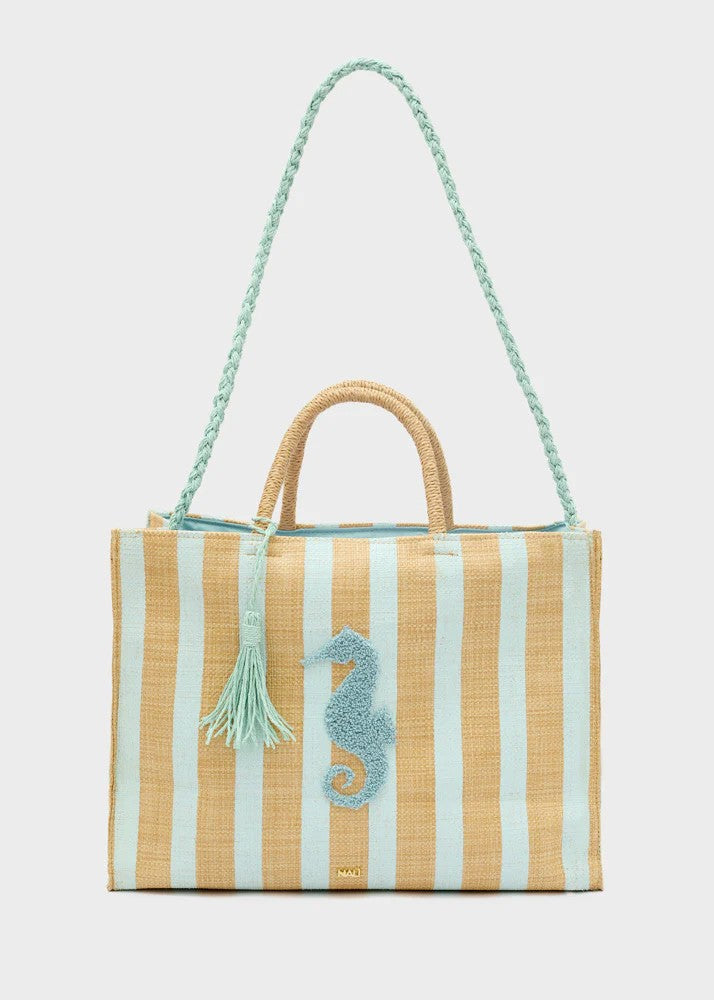 Nalì borsa a mano in tessuto e rafia "Stripes" Verde acqua QIBS0217.VERDE