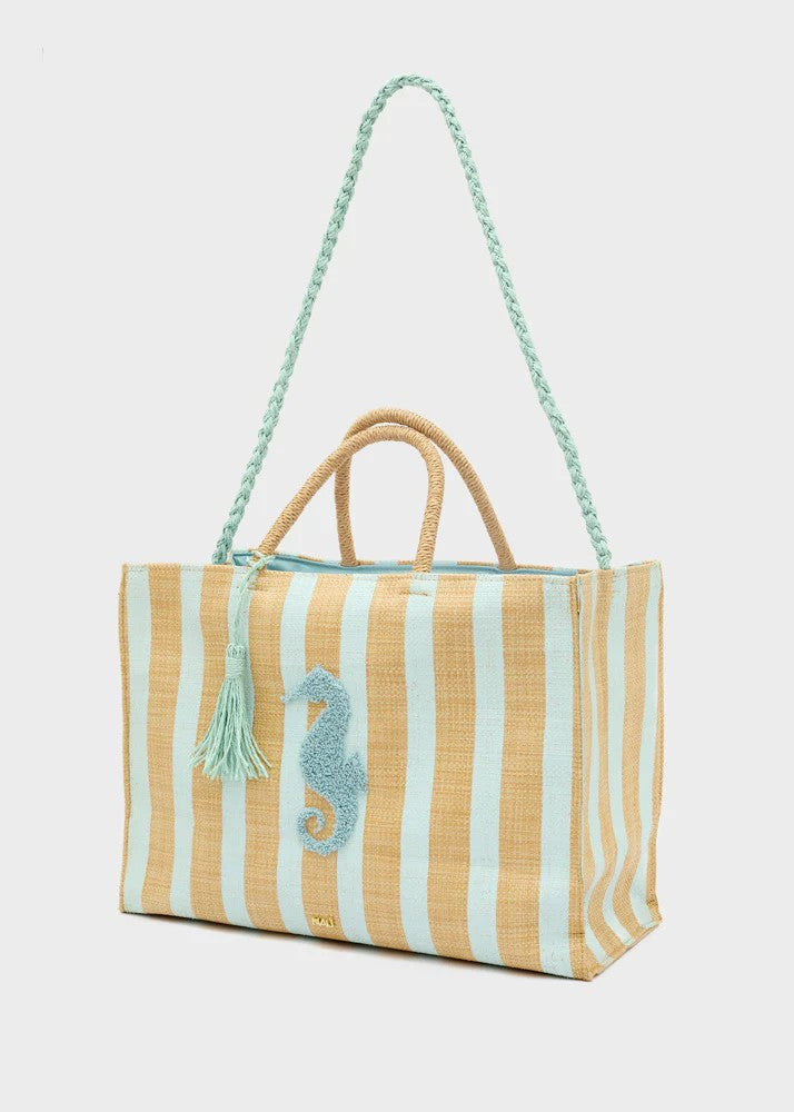 Nalì borsa a mano in tessuto e rafia "Stripes" Verde acqua QIBS0217.VERDE