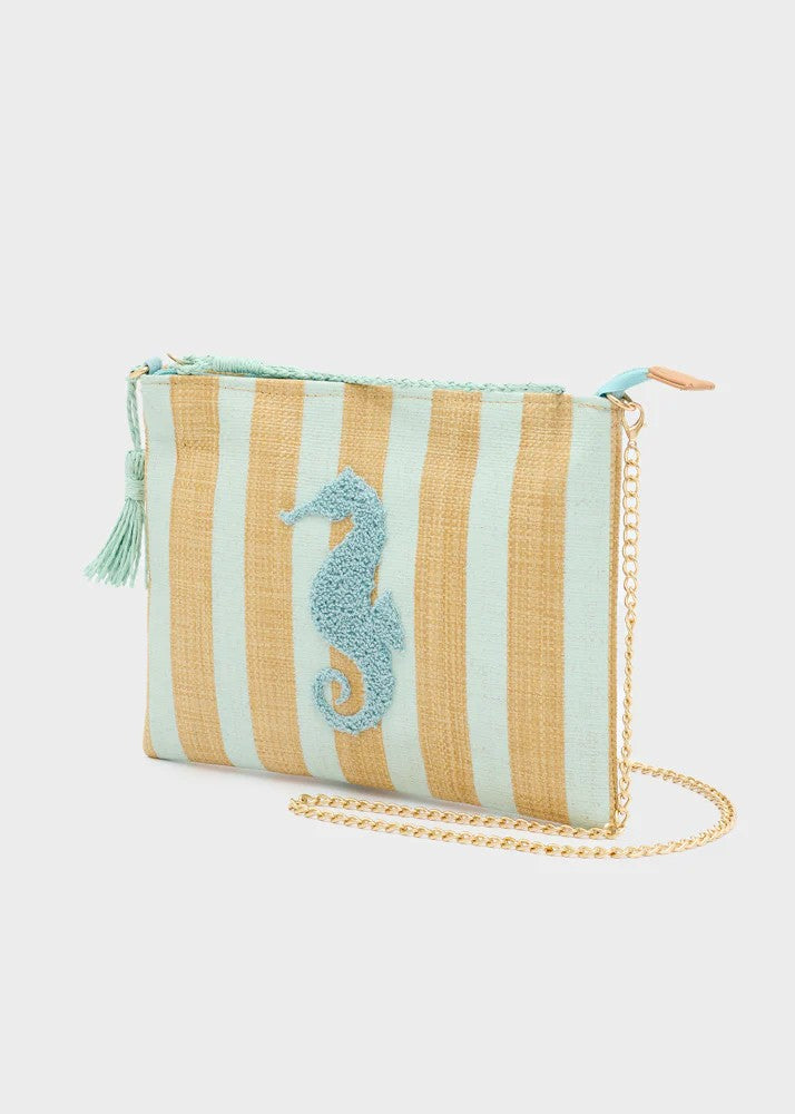 Nalì pochette in tessuto e rafia "Stripes" Verde acqua QIPC0168.VERDE