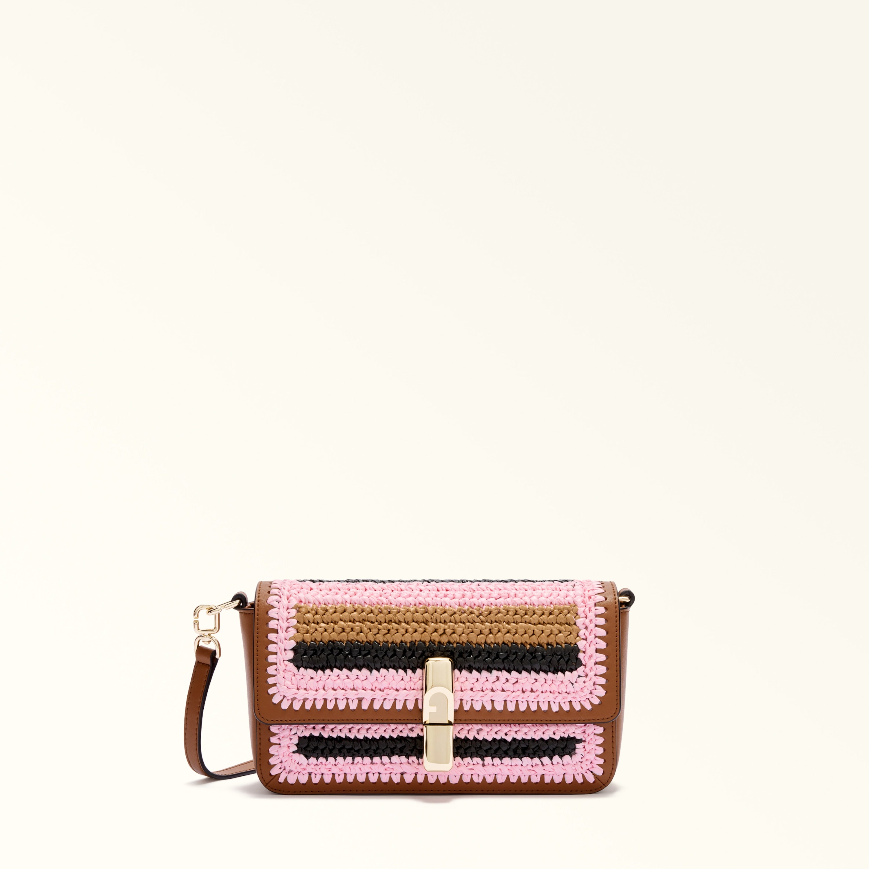 Furla borsa a tracolla in pelle e rafia "Iride Crochet" Multicolor WB01826.TCO00 TONI COGNAC