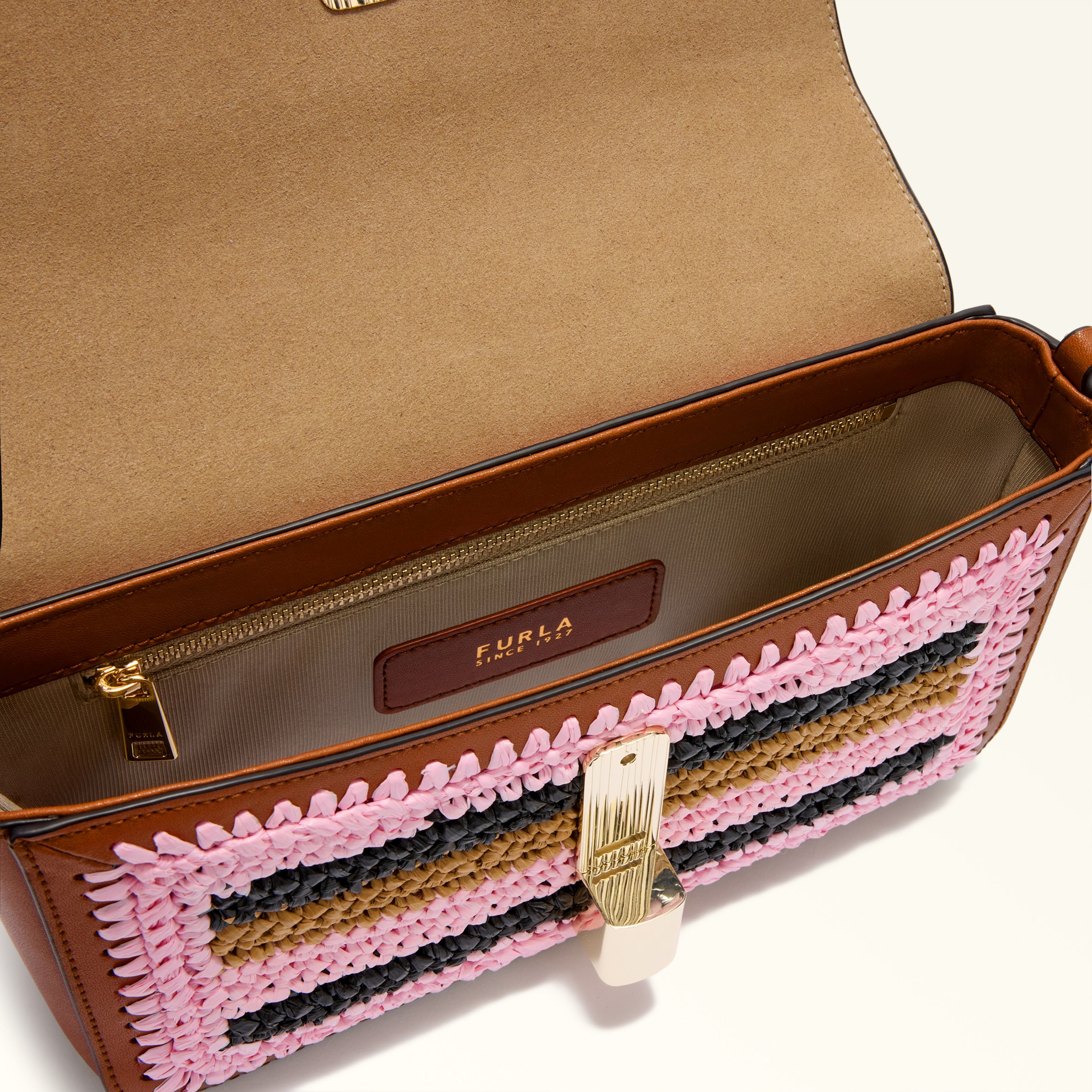 Furla borsa a tracolla in pelle e rafia "Iride Crochet" Multicolor WB01826.TCO00 TONI COGNAC