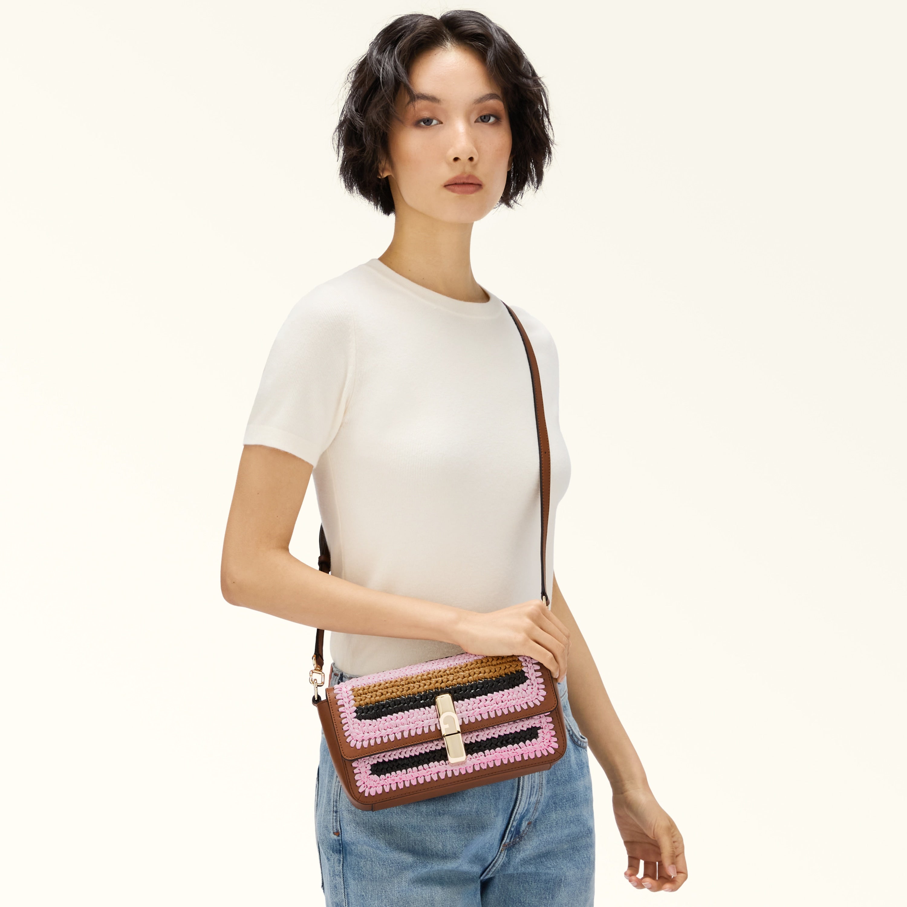 Furla borsa a tracolla in pelle e rafia "Iride Crochet" Multicolor WB01826.TCO00 TONI COGNAC