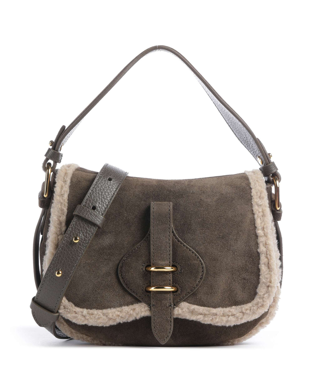 Coccinelle borsa a mano in camoscio ed ecopelliccia "Mavery Suede Ecofur" Verde E1V7J180201.509 FANGO-TAUPE